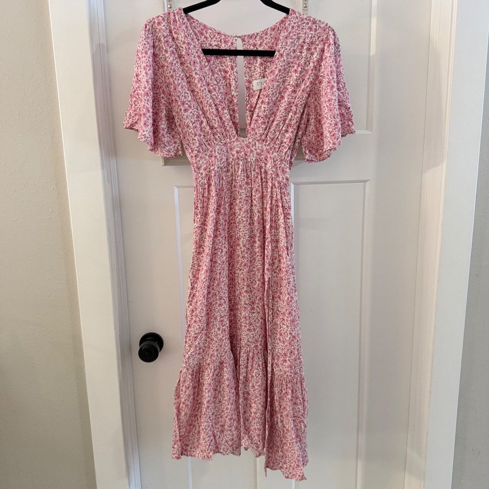 STILLWATER Britton Midi Dress Pink Floral Flutter Sleeve V Neck Cottagecore S